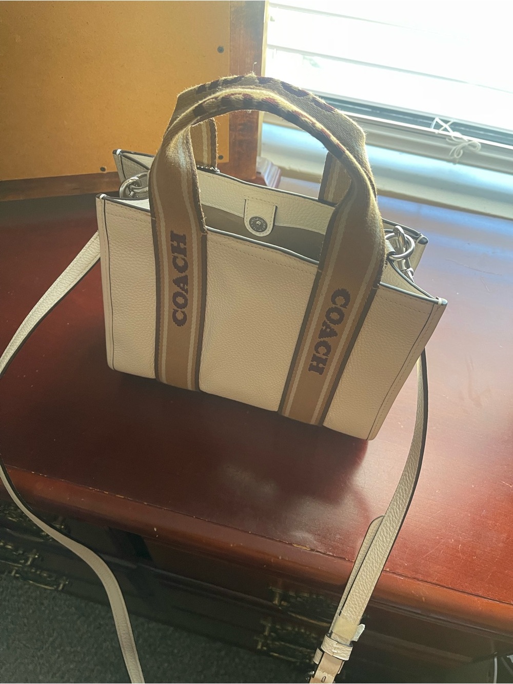 COACH White Pebbled Leather Shoulder Tote with Tan Logo Straps